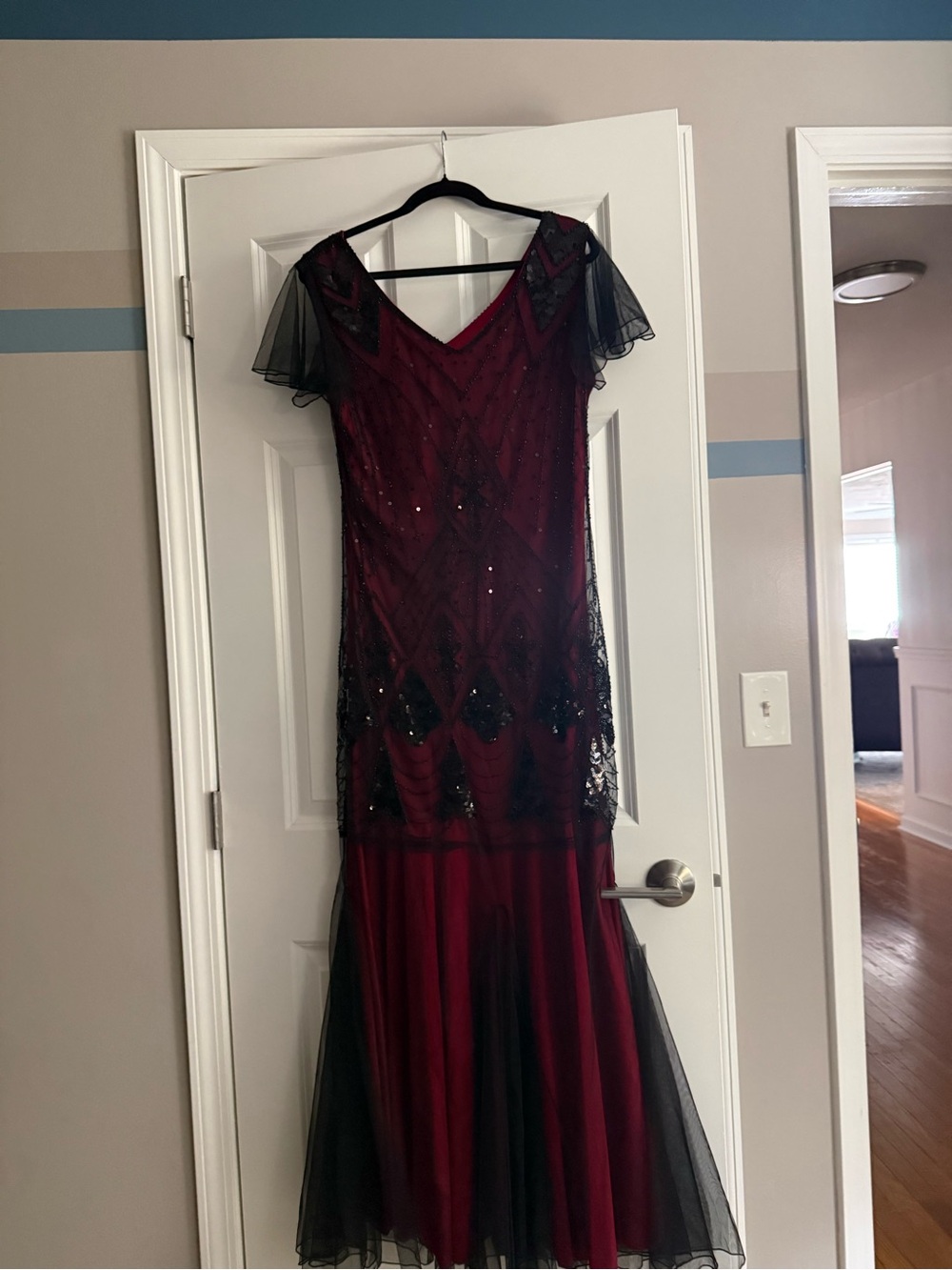 Beaded Burgundy and Black Maxi Dress with Sheer Cap Sleeves, flapper dress